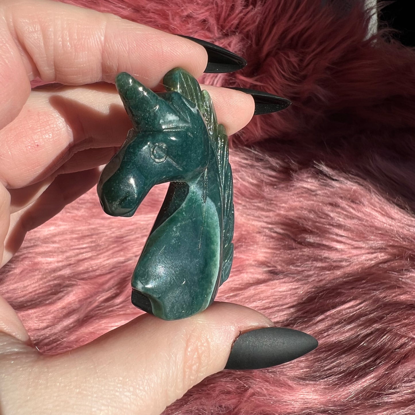 Stunning High Quality Moss Agate Unicorn Carving - D