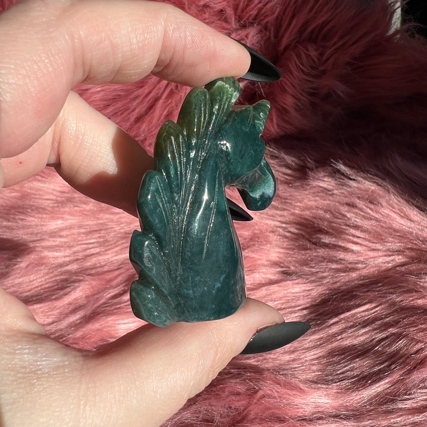 Stunning High Quality Moss Agate Unicorn Carving - D