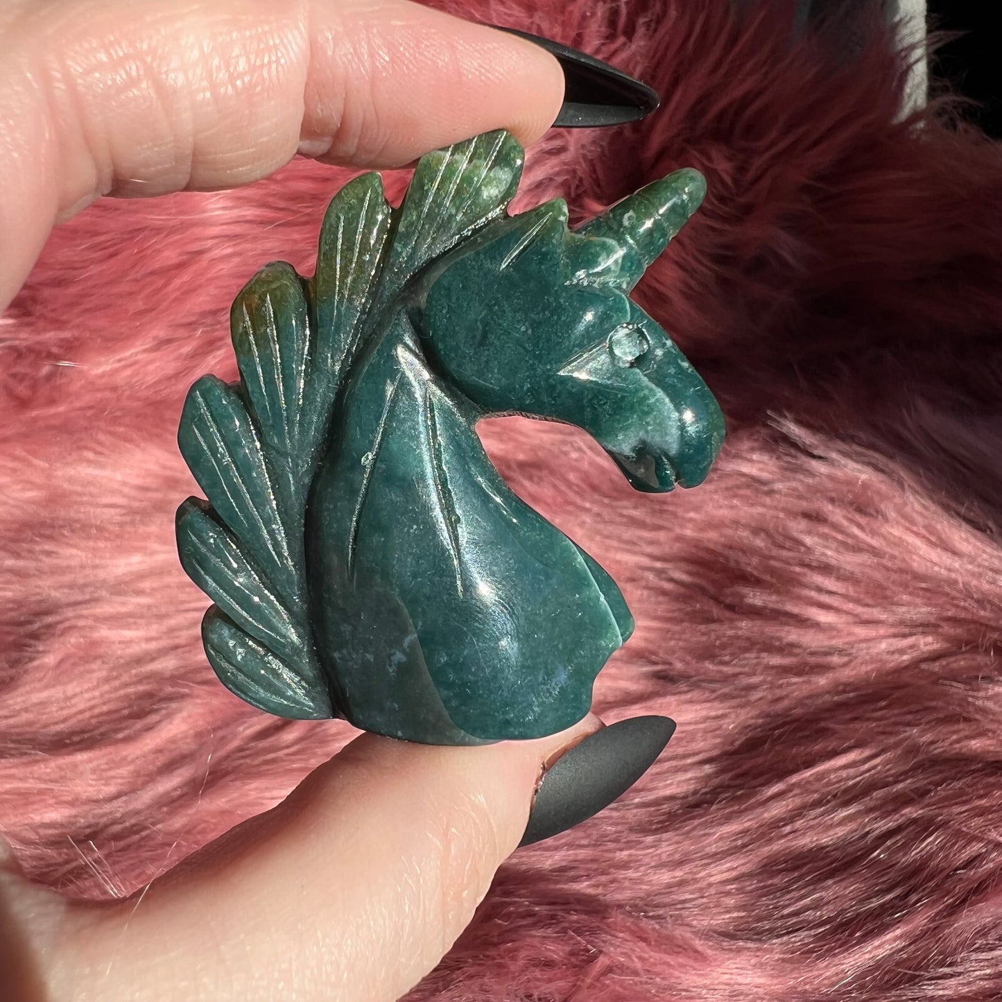 Stunning High Quality Moss Agate Unicorn Carving - D