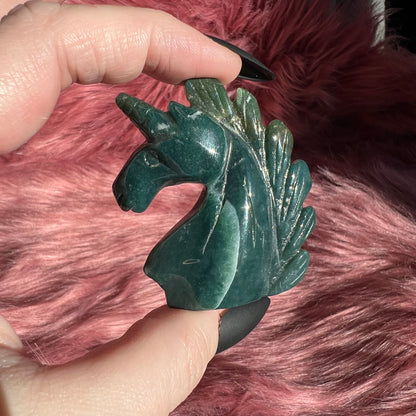 Stunning High Quality Moss Agate Unicorn Carving - D