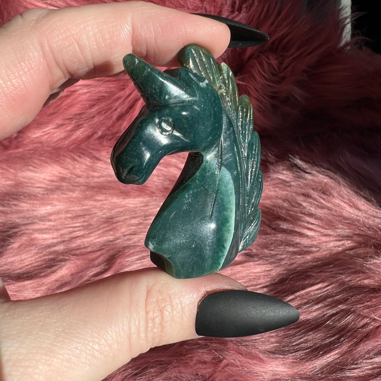 Stunning High Quality Moss Agate Unicorn Carving - D