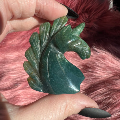 Stunning High Quality Moss Agate Unicorn Carving - C