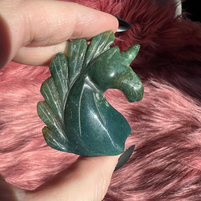 Stunning High Quality Moss Agate Unicorn Carving - C