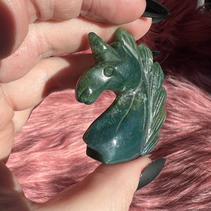 Stunning High Quality Moss Agate Unicorn Carving - C