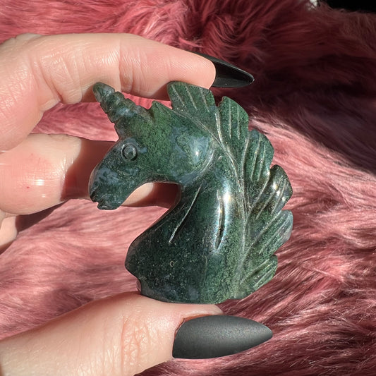 Stunning High Quality Moss Agate Unicorn Carving - E