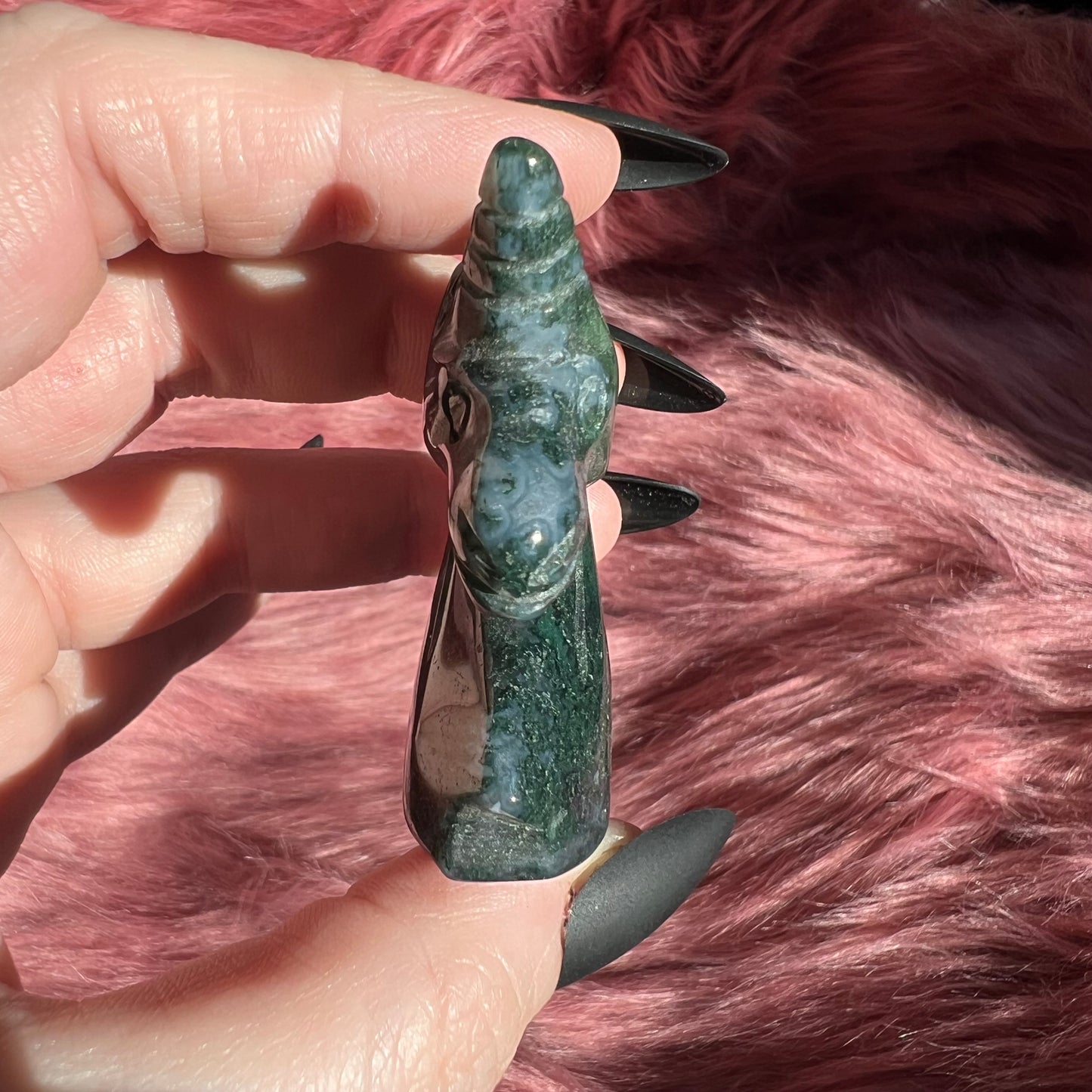 Stunning High Quality Moss Agate Unicorn Carving - E