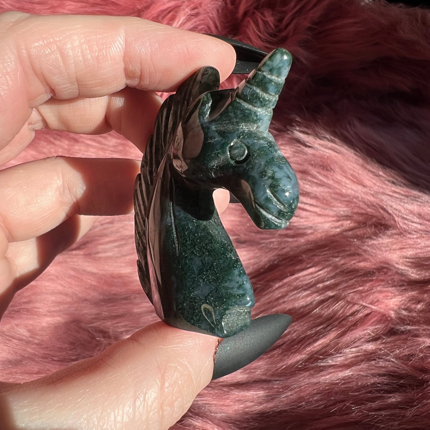 Stunning High Quality Moss Agate Unicorn Carving - E