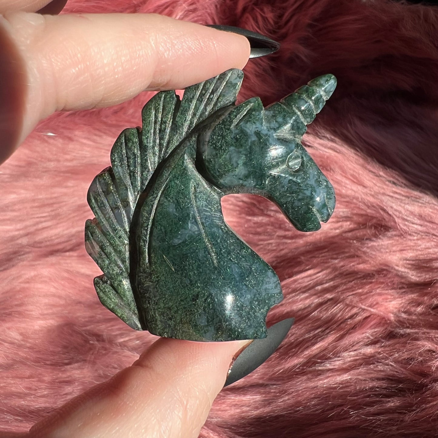 Stunning High Quality Moss Agate Unicorn Carving - E