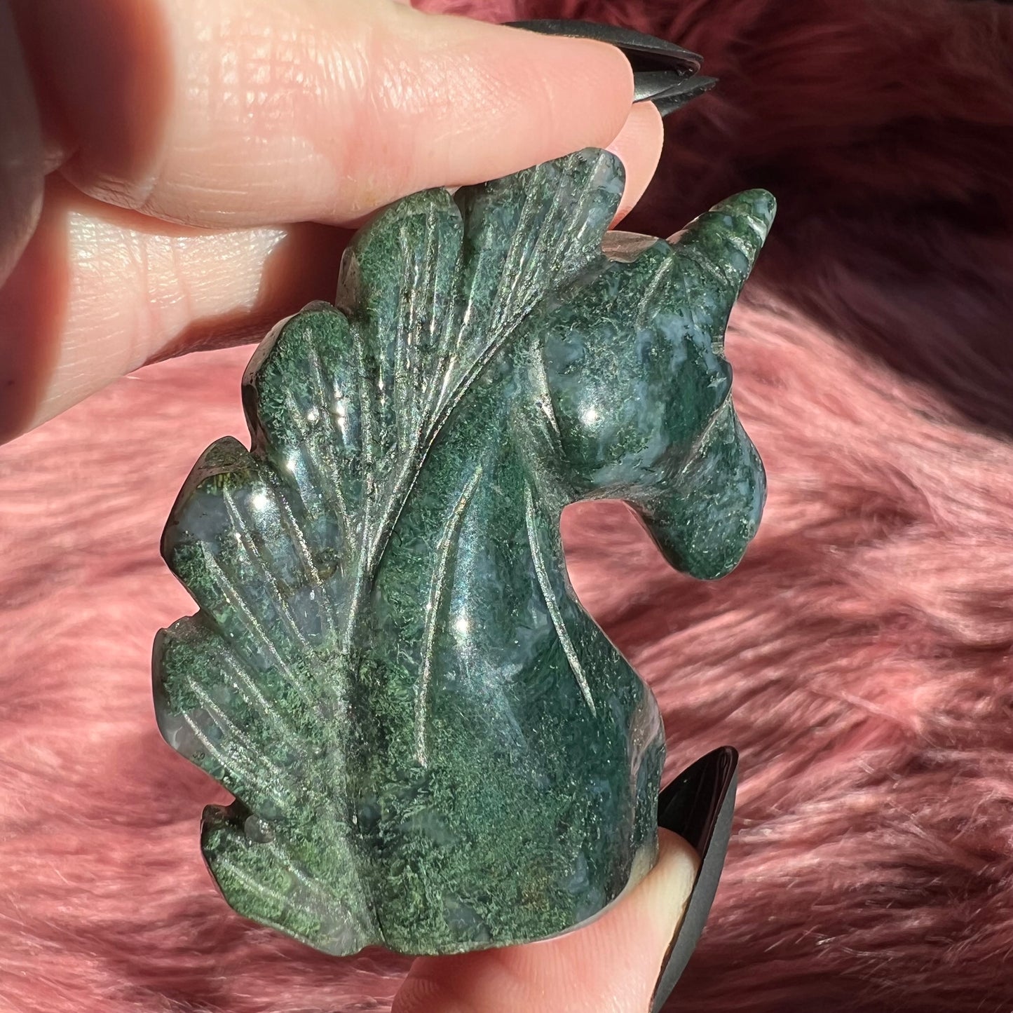 Stunning High Quality Moss Agate Unicorn Carving - E