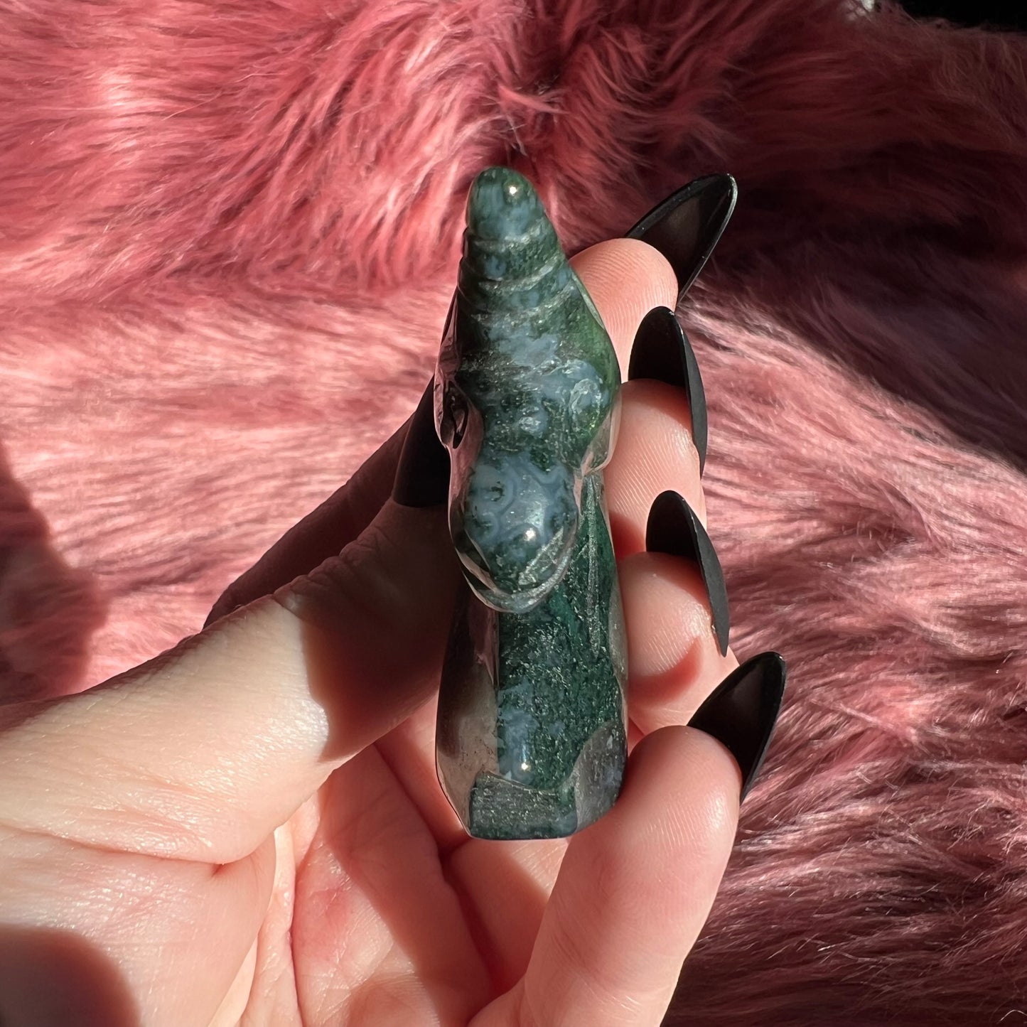 Stunning High Quality Moss Agate Unicorn Carving - E