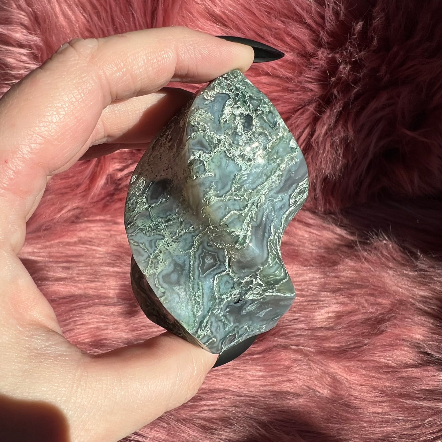 Stunning Blue Green Moss Agate Flame - A