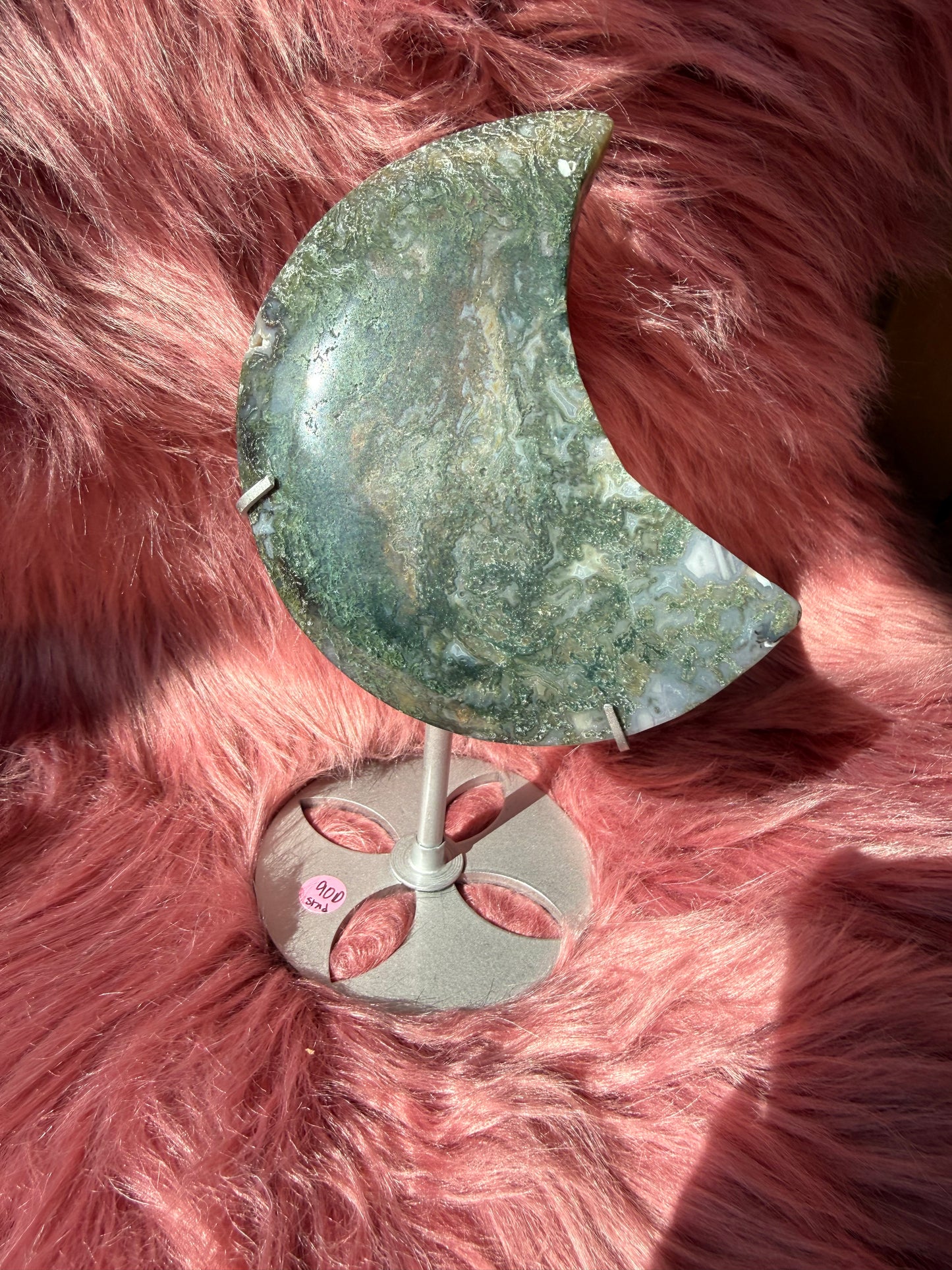 Stunning Green Moss Agate Moon Carving with Stand - D