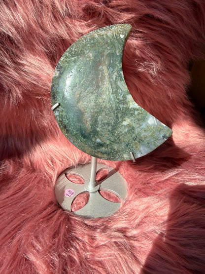 Stunning Green Moss Agate Moon Carving with Stand - D