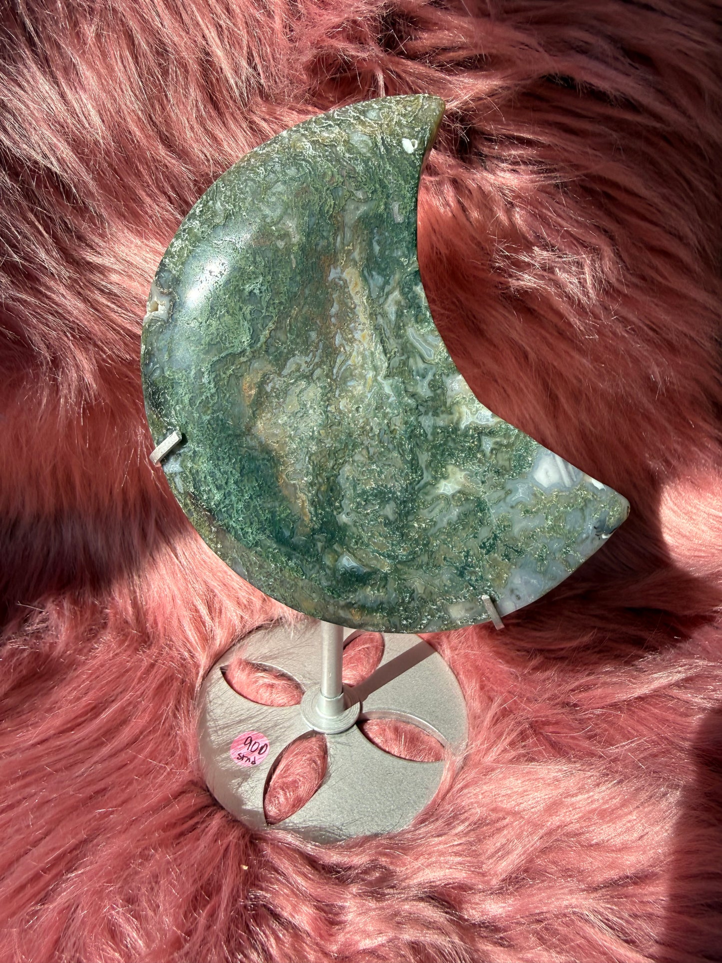 Stunning Green Moss Agate Moon Carving with Stand - D