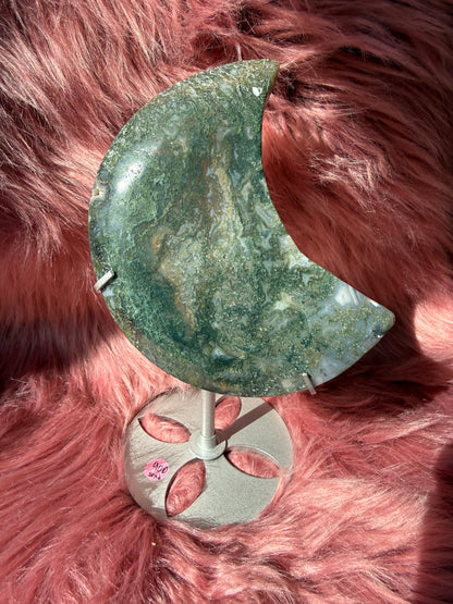 Stunning Green Moss Agate Moon Carving with Stand - D