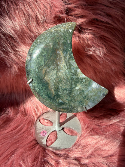 Stunning Green Moss Agate Moon Carving with Stand - D