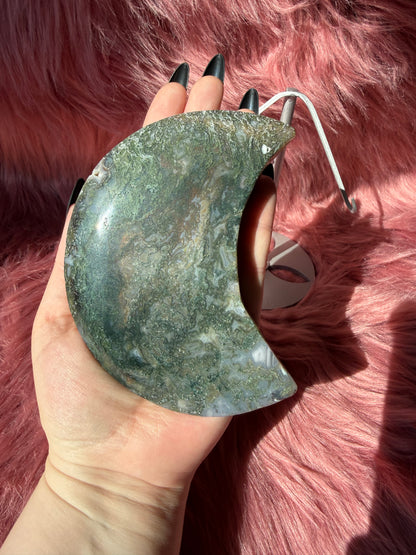 Stunning Green Moss Agate Moon Carving with Stand - D