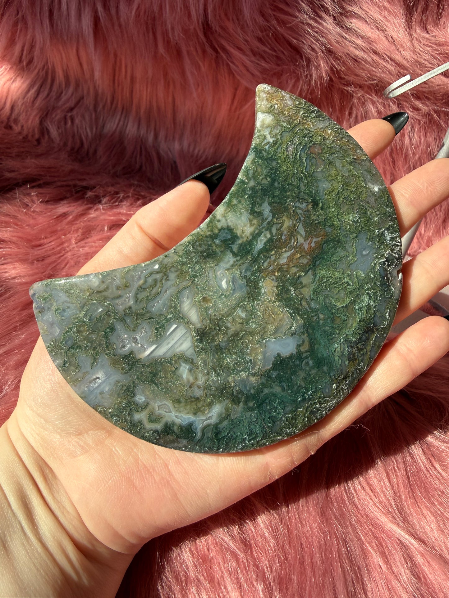 Stunning Green Moss Agate Moon Carving with Stand - D