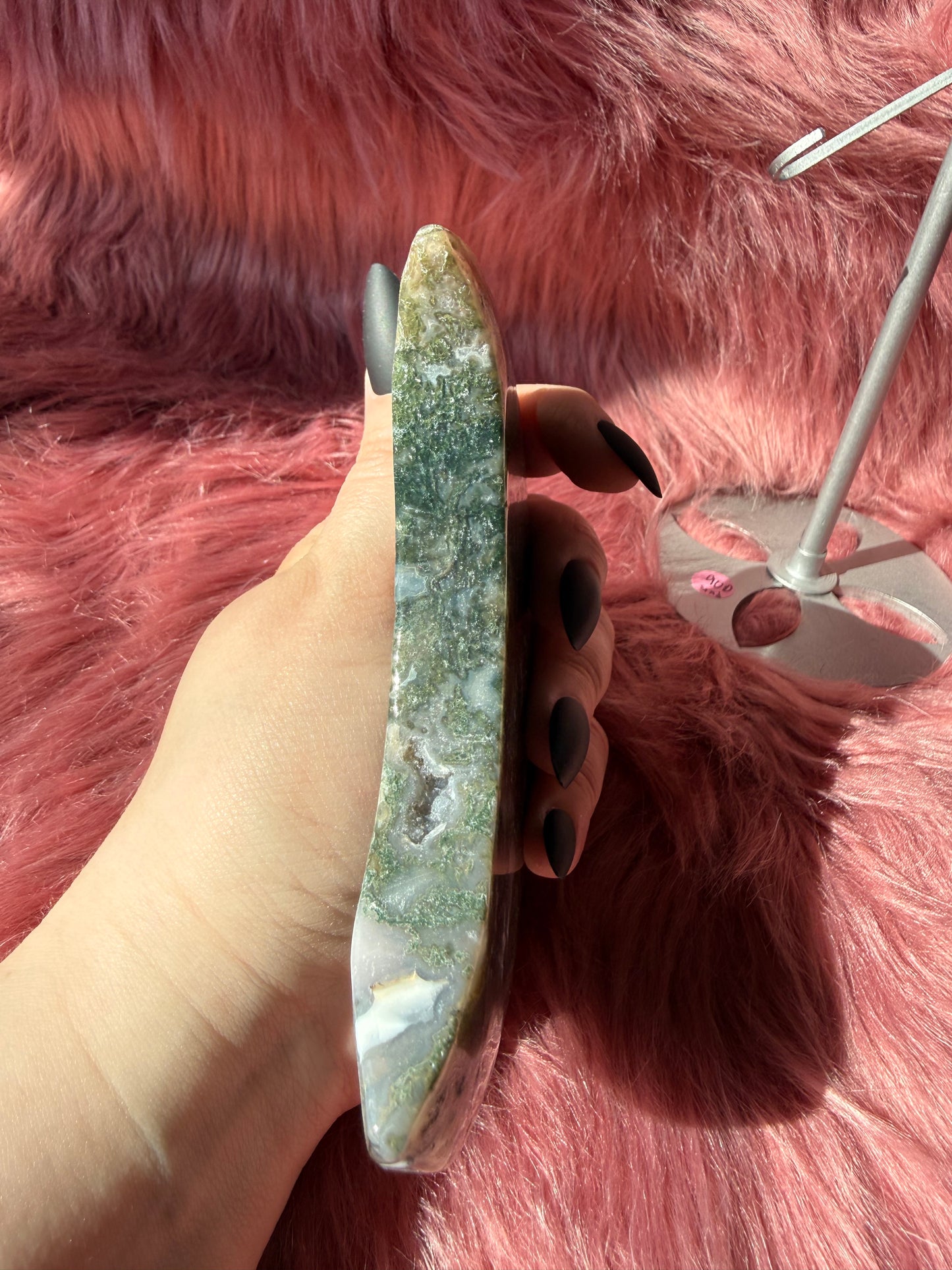 Stunning Green Moss Agate Moon Carving with Stand - D