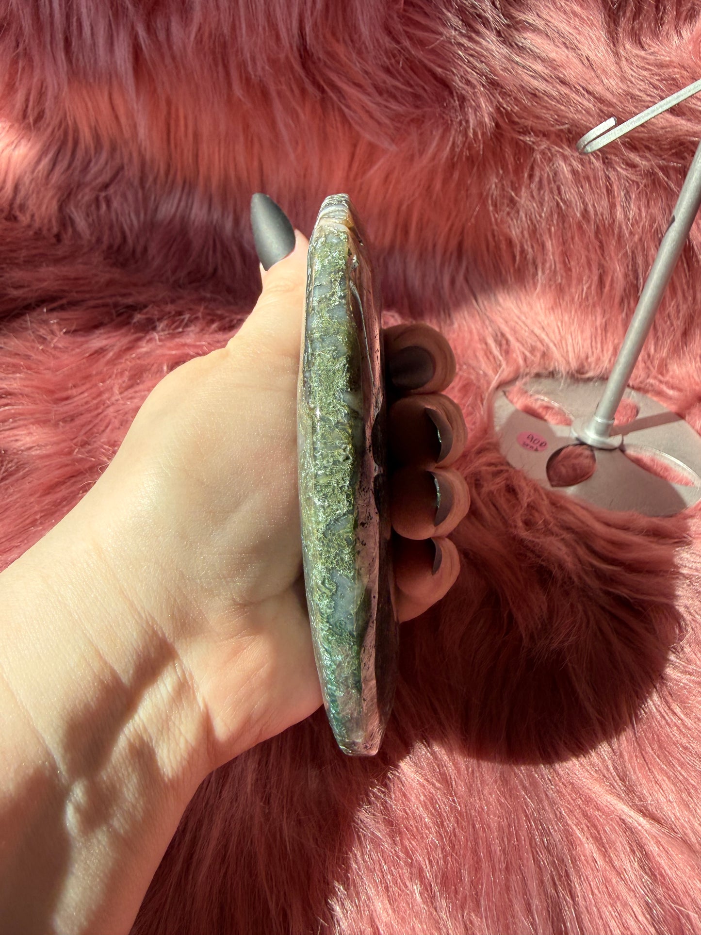 Stunning Green Moss Agate Moon Carving with Stand - D