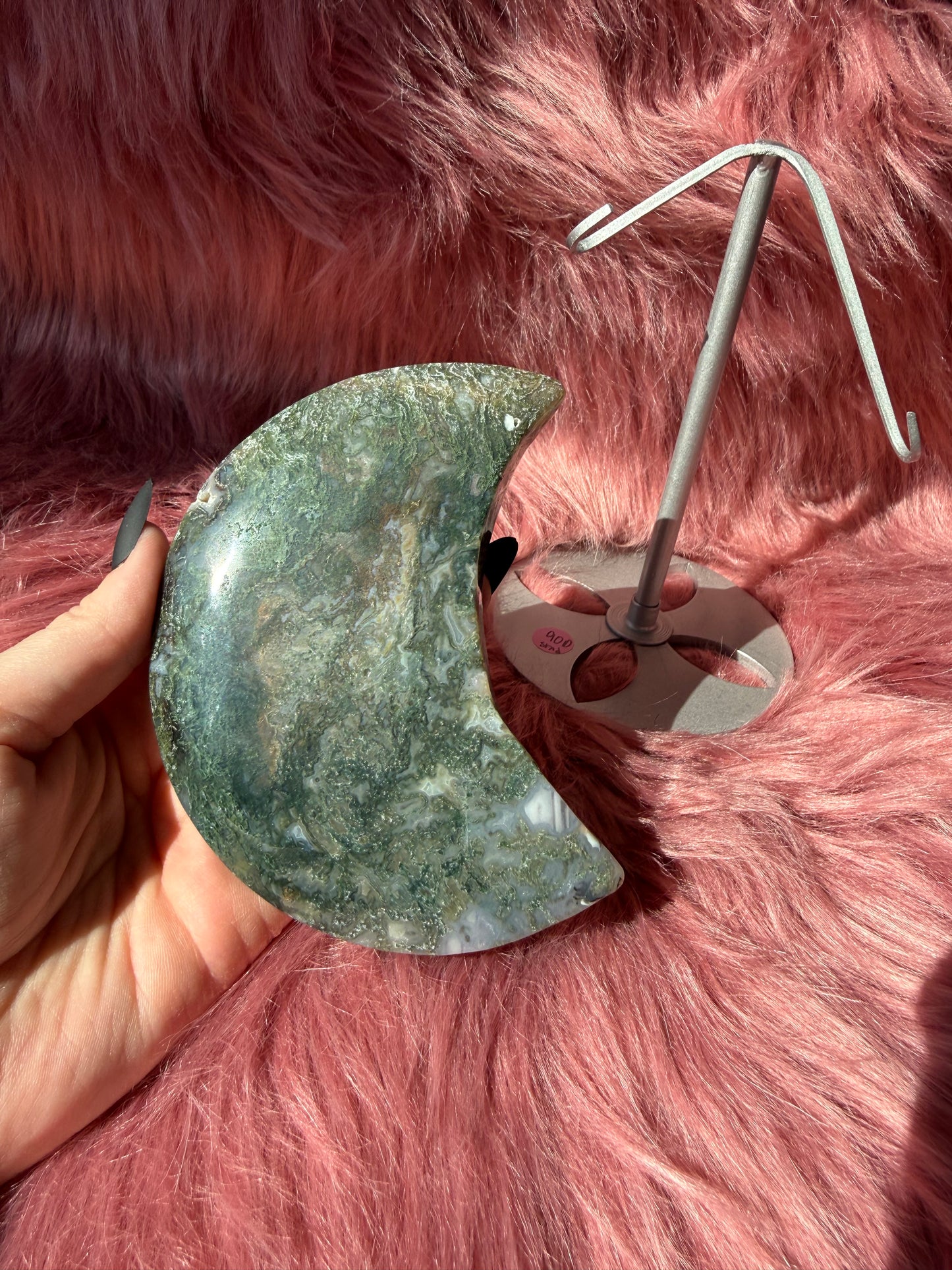 Stunning Green Moss Agate Moon Carving with Stand - D