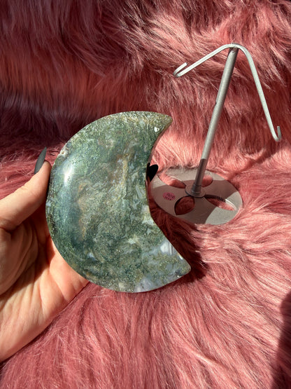 Stunning Green Moss Agate Moon Carving with Stand - D