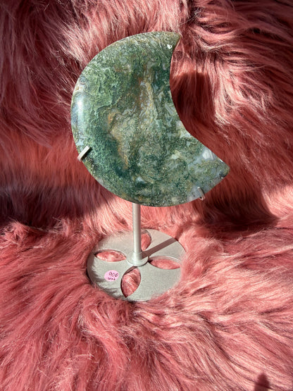Stunning Green Moss Agate Moon Carving with Stand - D