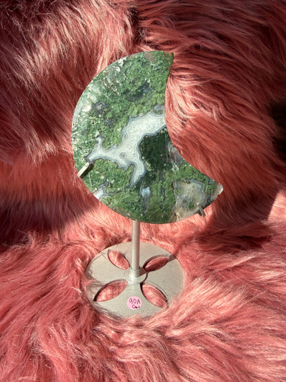 Stunning Green Moss Agate Moon Carving with Stand - A