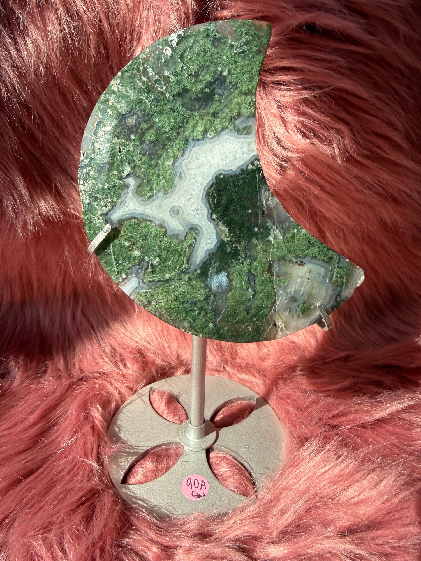 Stunning Green Moss Agate Moon Carving with Stand - A