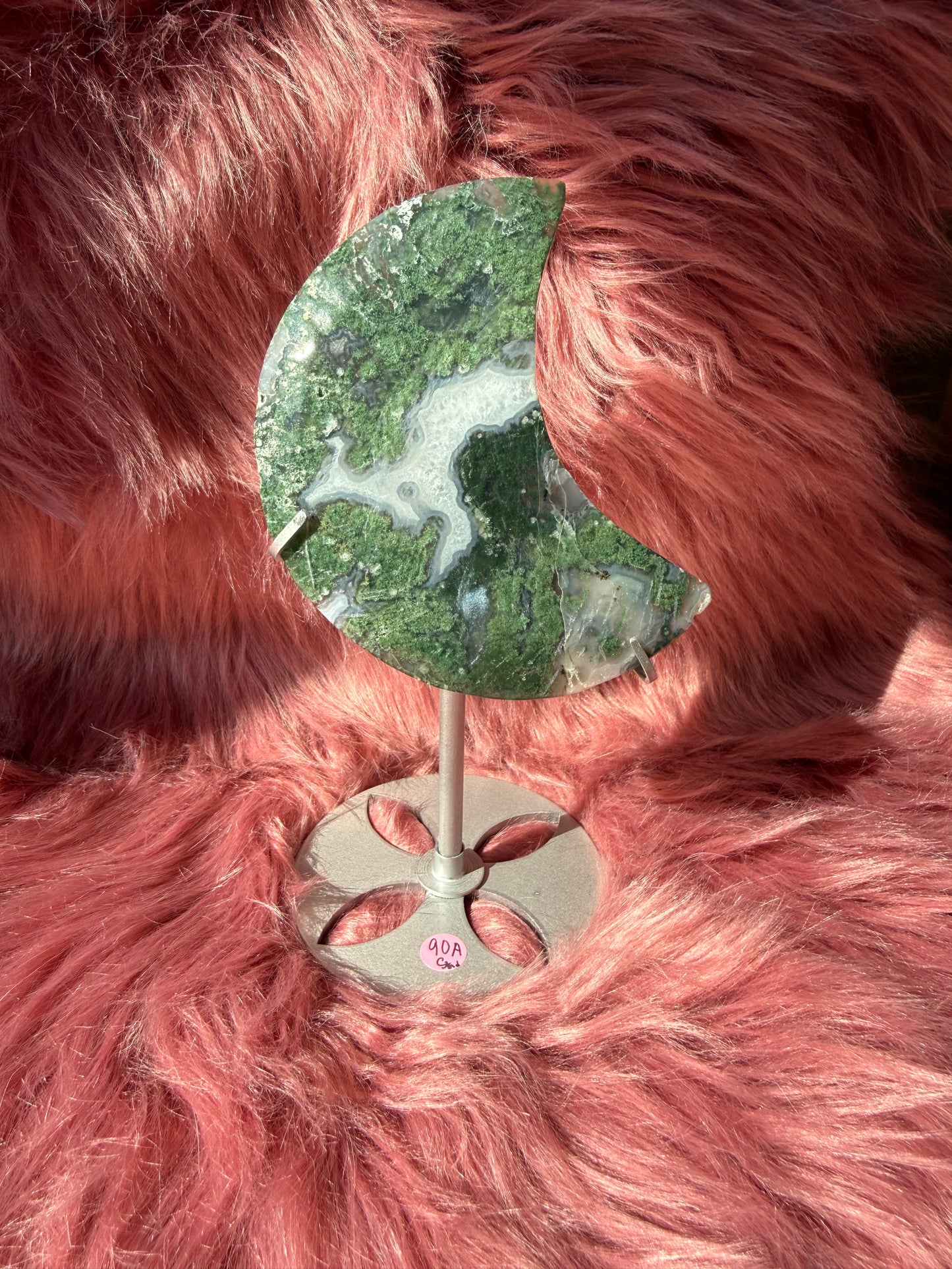 Stunning Green Moss Agate Moon Carving with Stand - A
