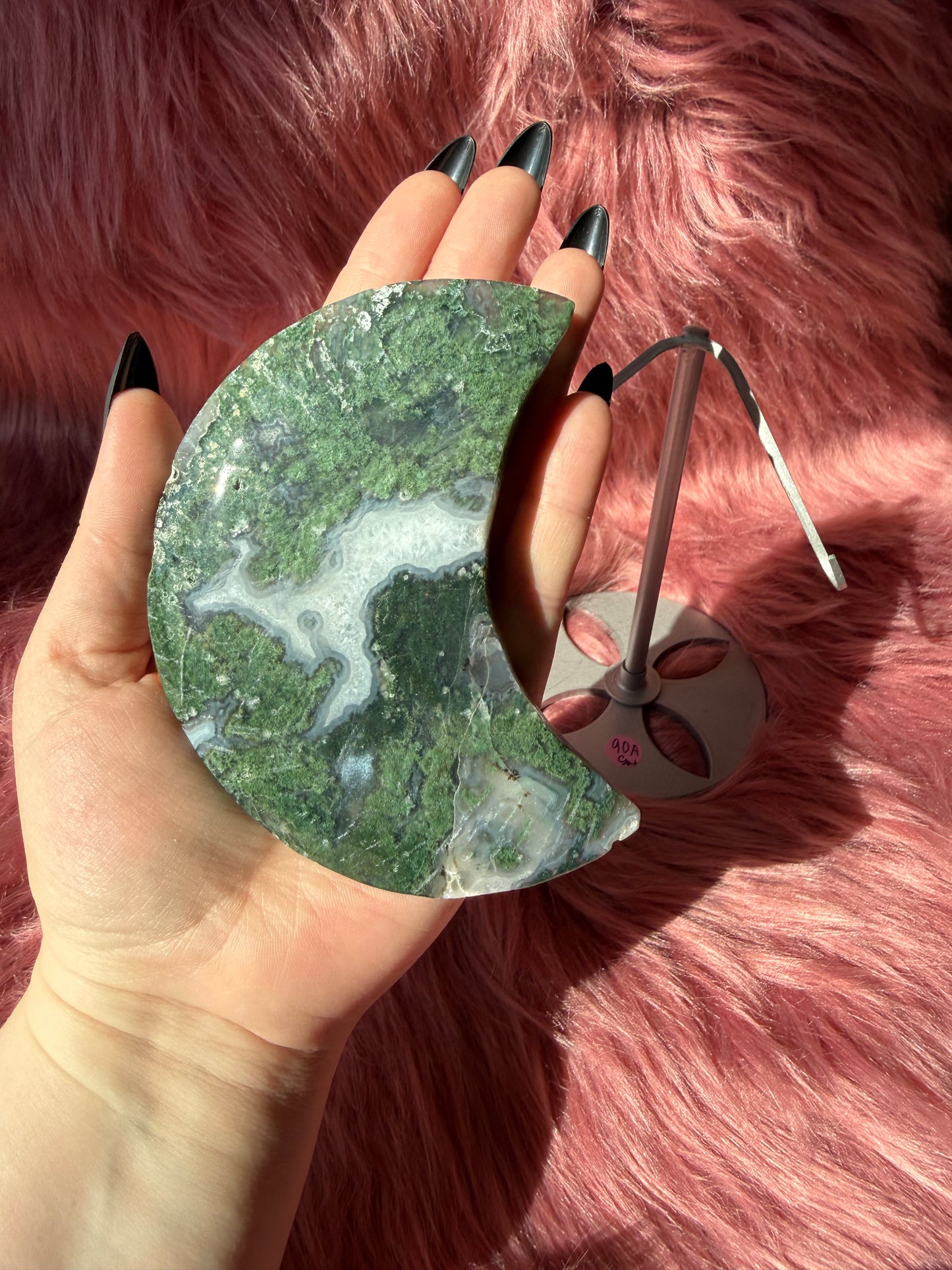 Stunning Green Moss Agate Moon Carving with Stand - A