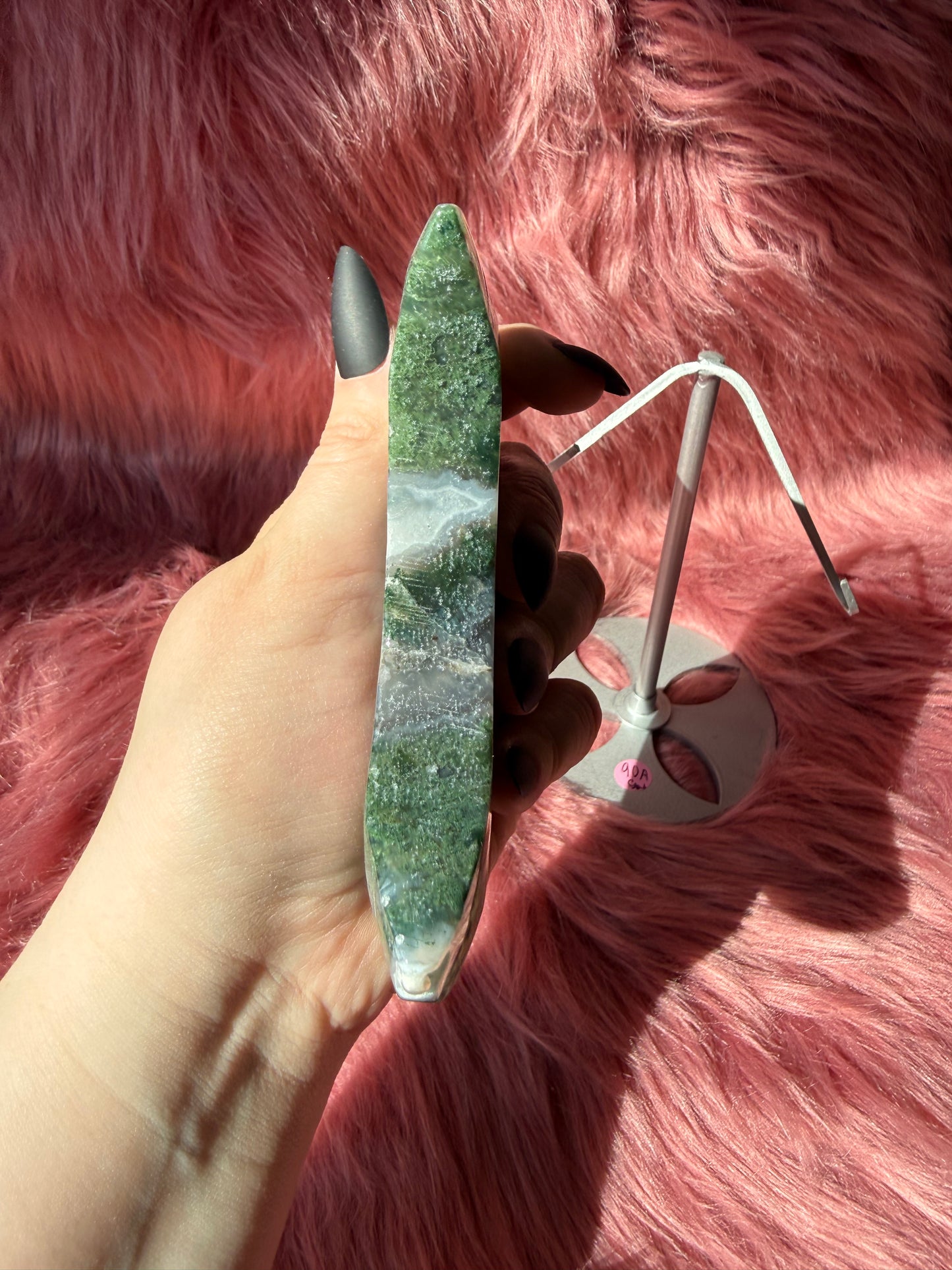 Stunning Green Moss Agate Moon Carving with Stand - A