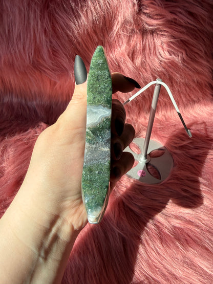 Stunning Green Moss Agate Moon Carving with Stand - A
