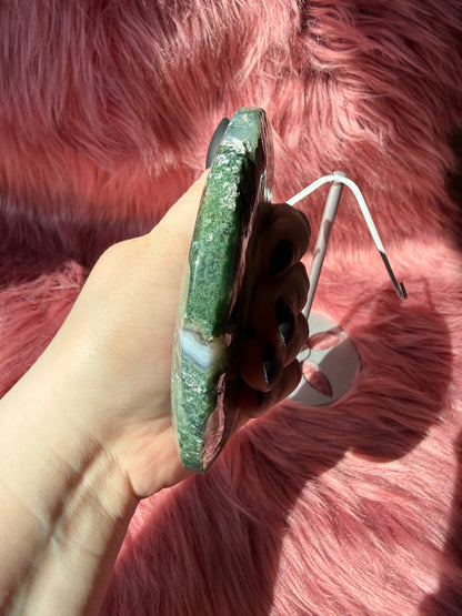 Stunning Green Moss Agate Moon Carving with Stand - A