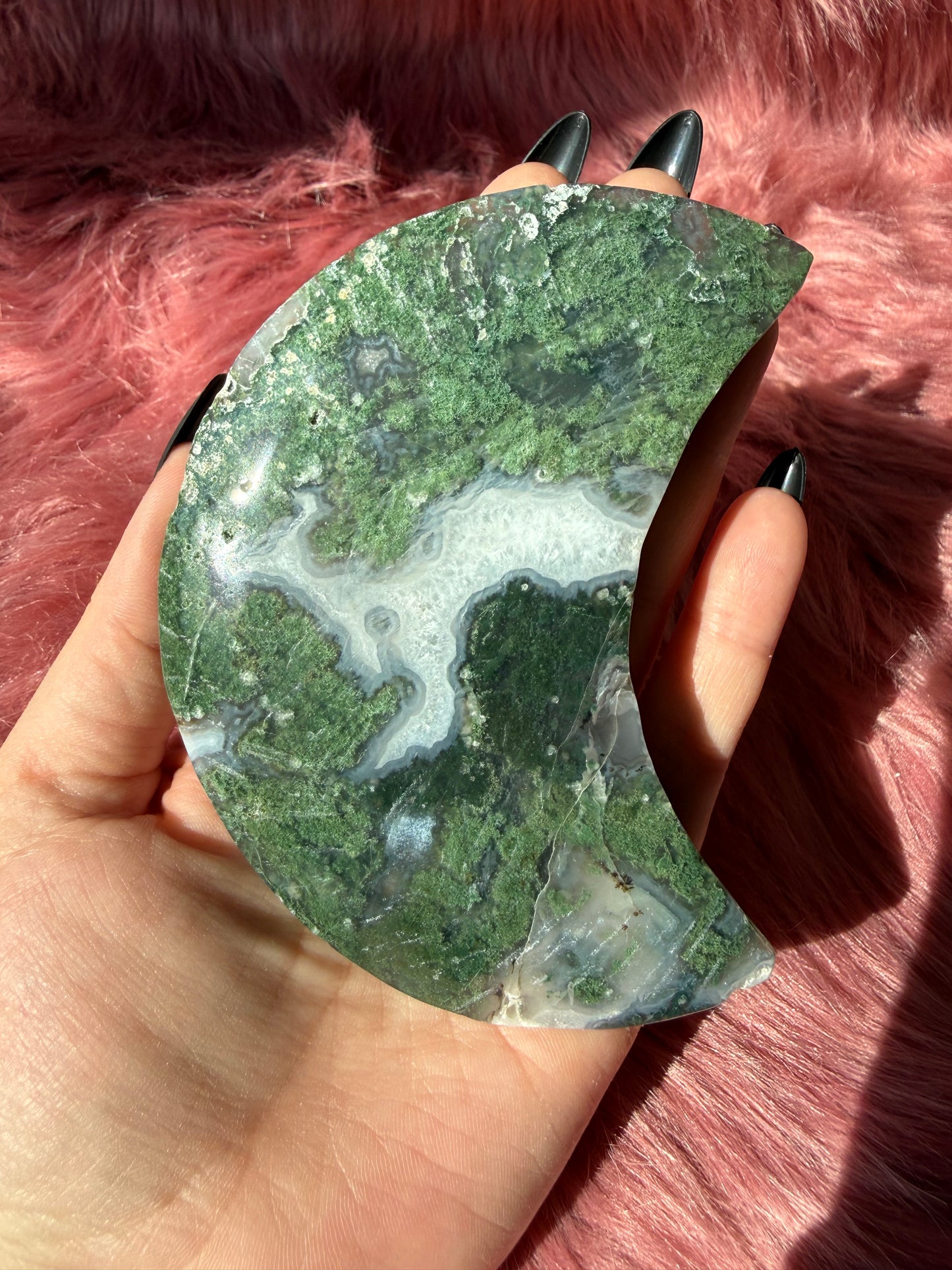 Stunning Green Moss Agate Moon Carving with Stand - A