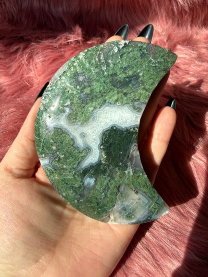 Stunning Green Moss Agate Moon Carving with Stand - A