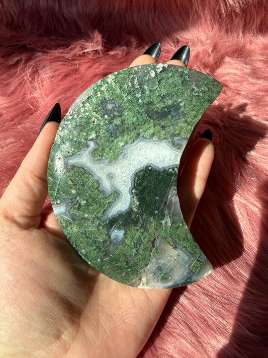 Stunning Green Moss Agate Moon Carving with Stand - A