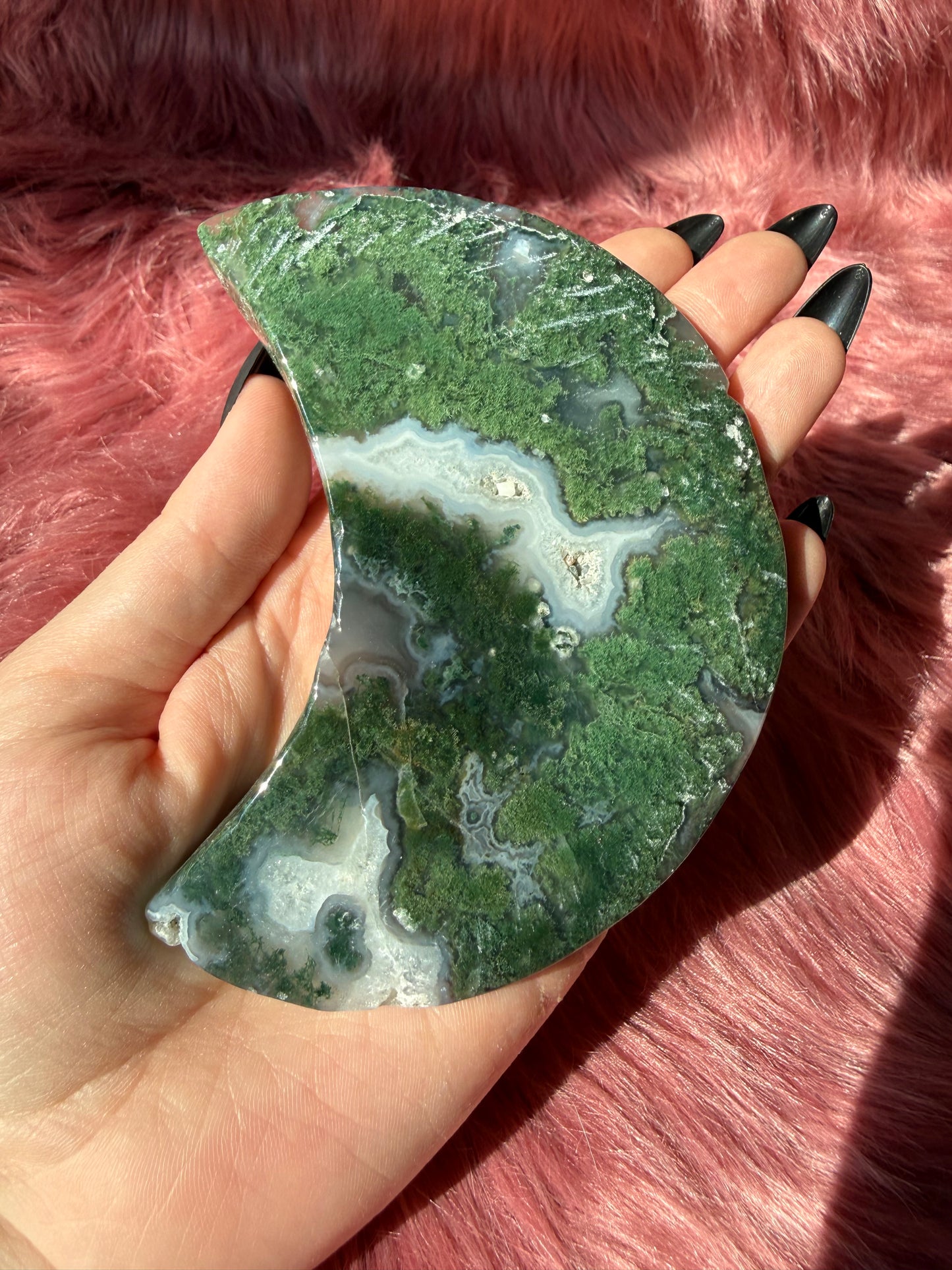 Stunning Green Moss Agate Moon Carving with Stand - A