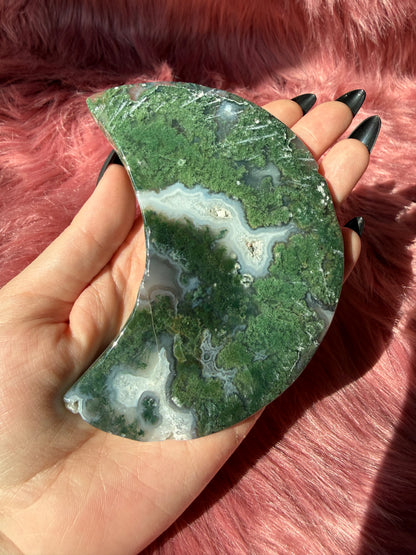 Stunning Green Moss Agate Moon Carving with Stand - A