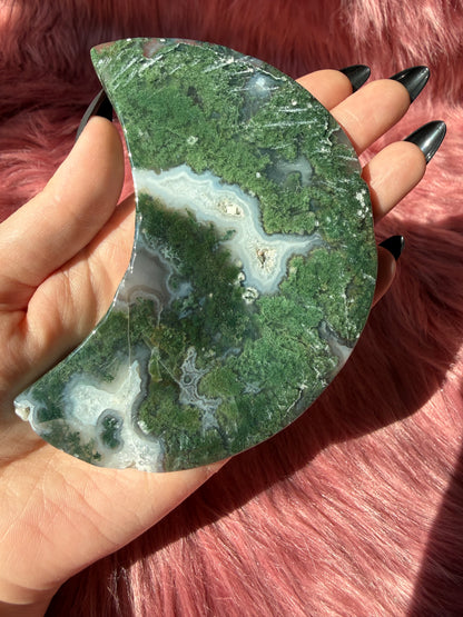 Stunning Green Moss Agate Moon Carving with Stand - A