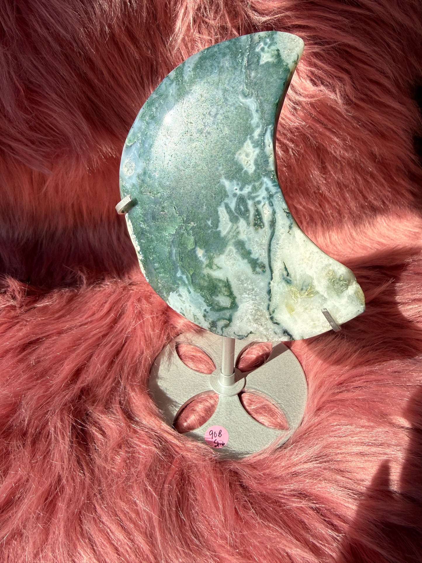 Stunning Blue Green Moss Agate Moon Carving with Stand - B