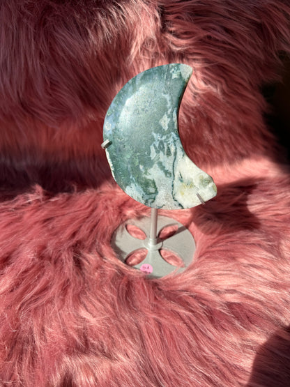 Stunning Blue Green Moss Agate Moon Carving with Stand - B