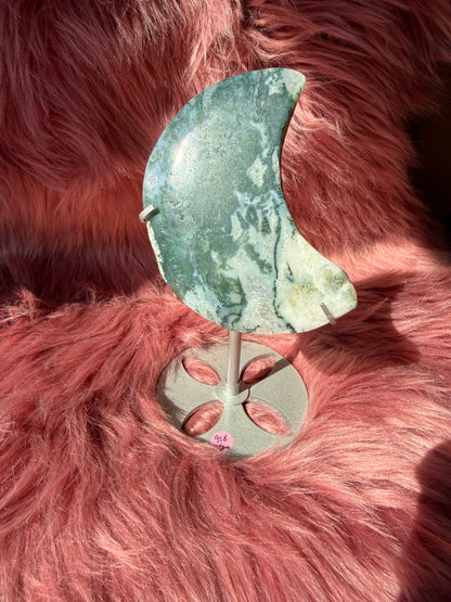 Stunning Blue Green Moss Agate Moon Carving with Stand - B