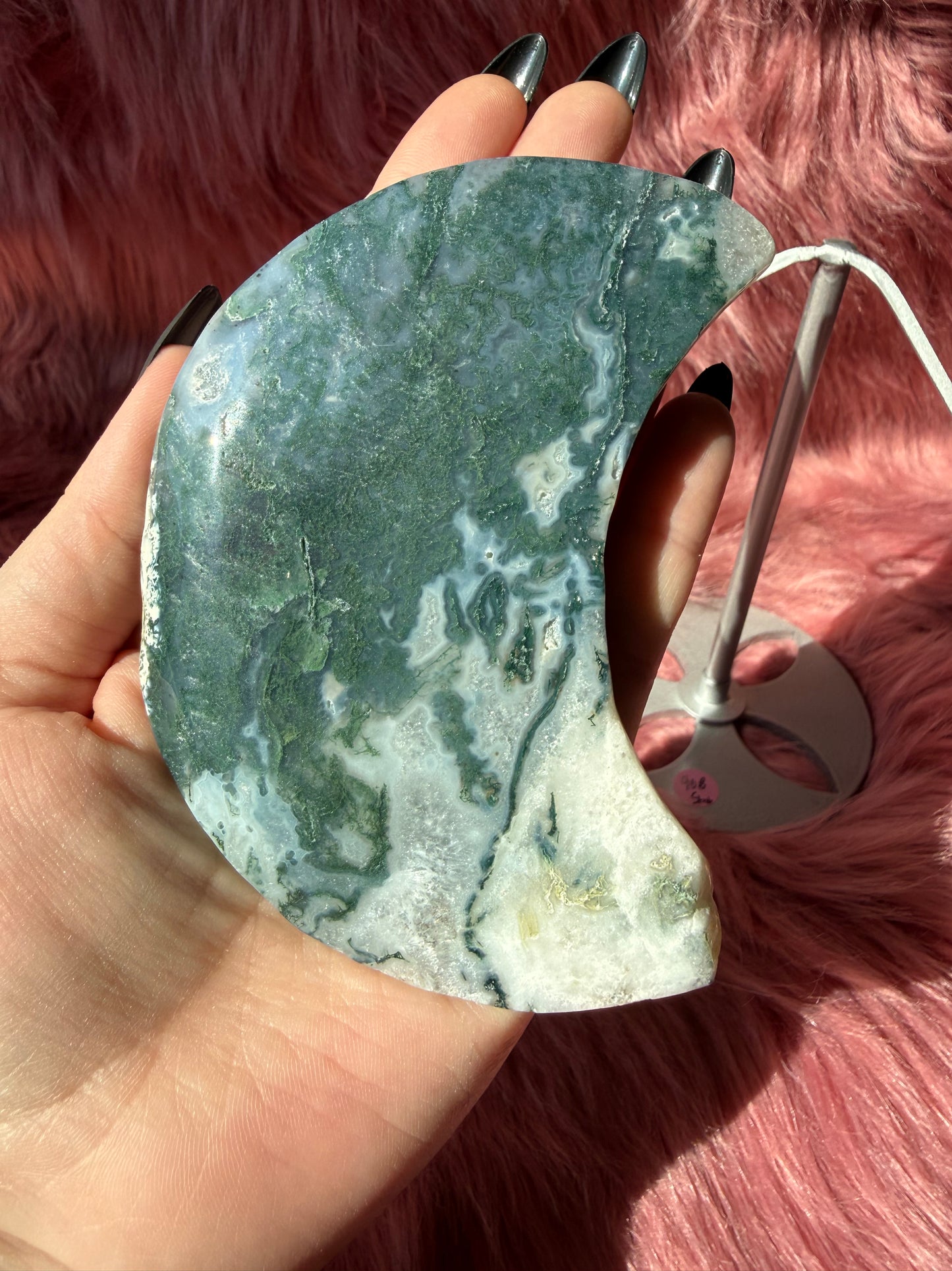 Stunning Blue Green Moss Agate Moon Carving with Stand - B