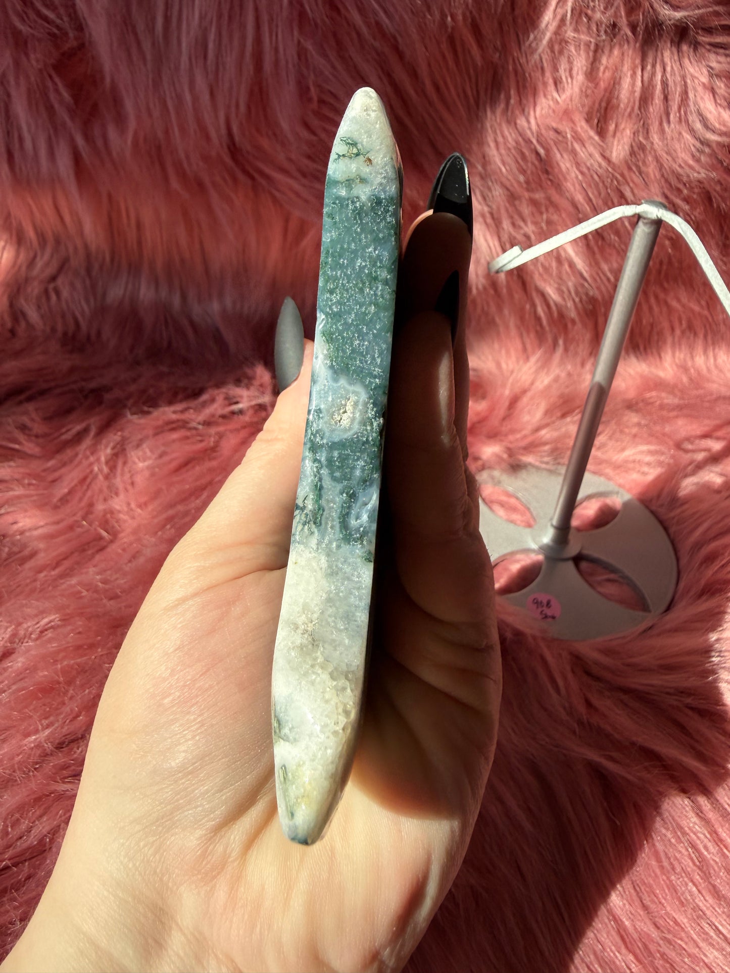 Stunning Blue Green Moss Agate Moon Carving with Stand - B