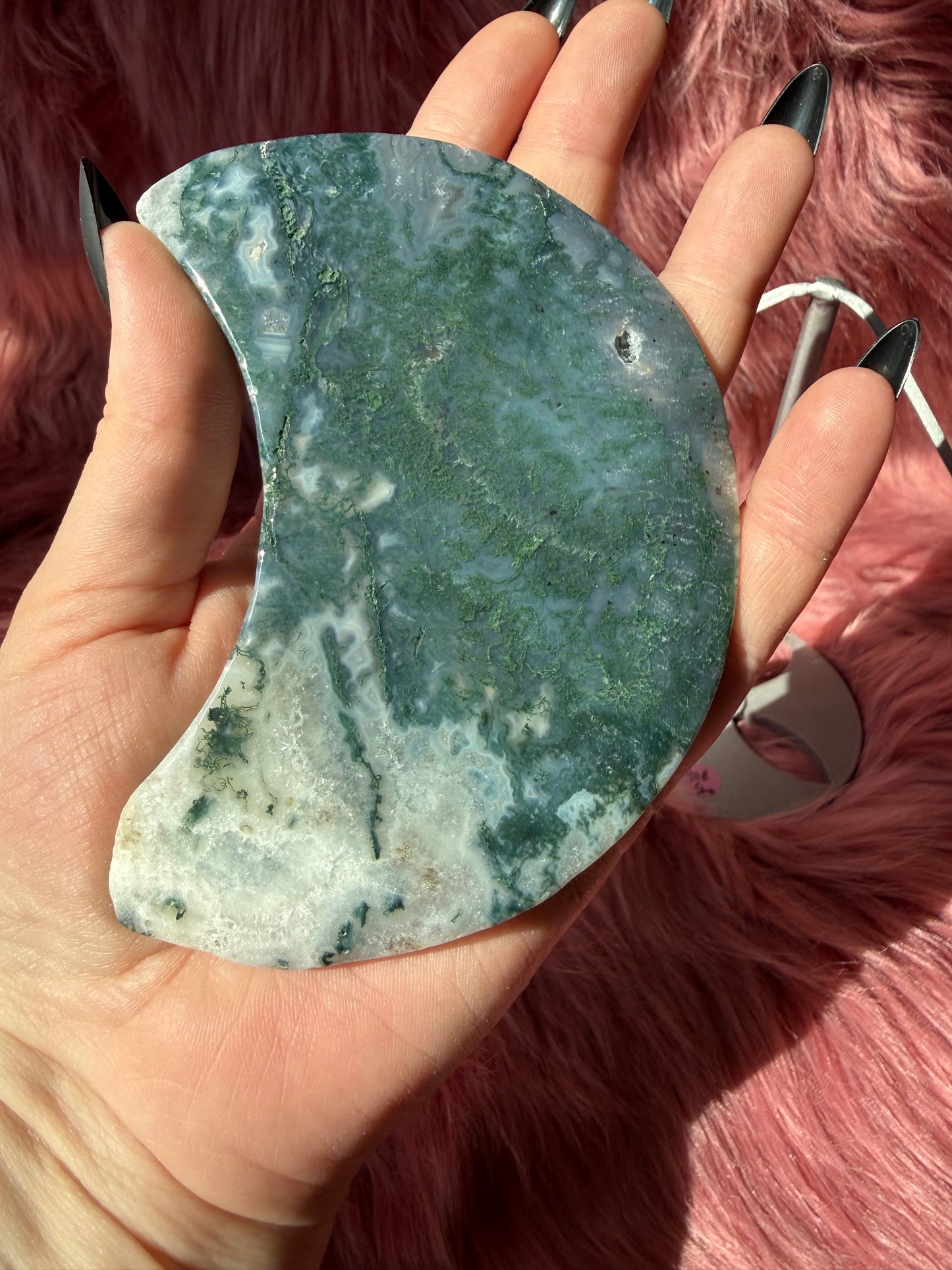 Stunning Blue Green Moss Agate Moon Carving with Stand - B