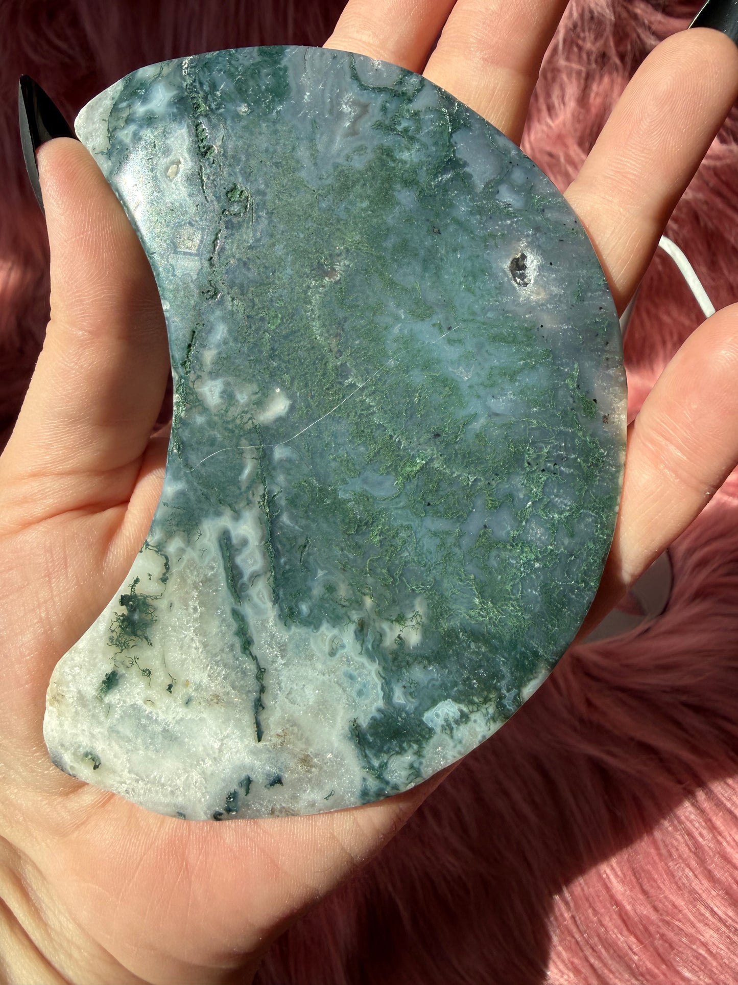 Stunning Blue Green Moss Agate Moon Carving with Stand - B