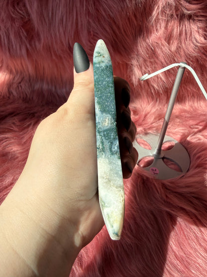 Stunning Blue Green Moss Agate Moon Carving with Stand - B