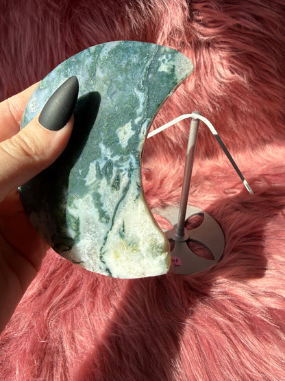 Stunning Blue Green Moss Agate Moon Carving with Stand - B
