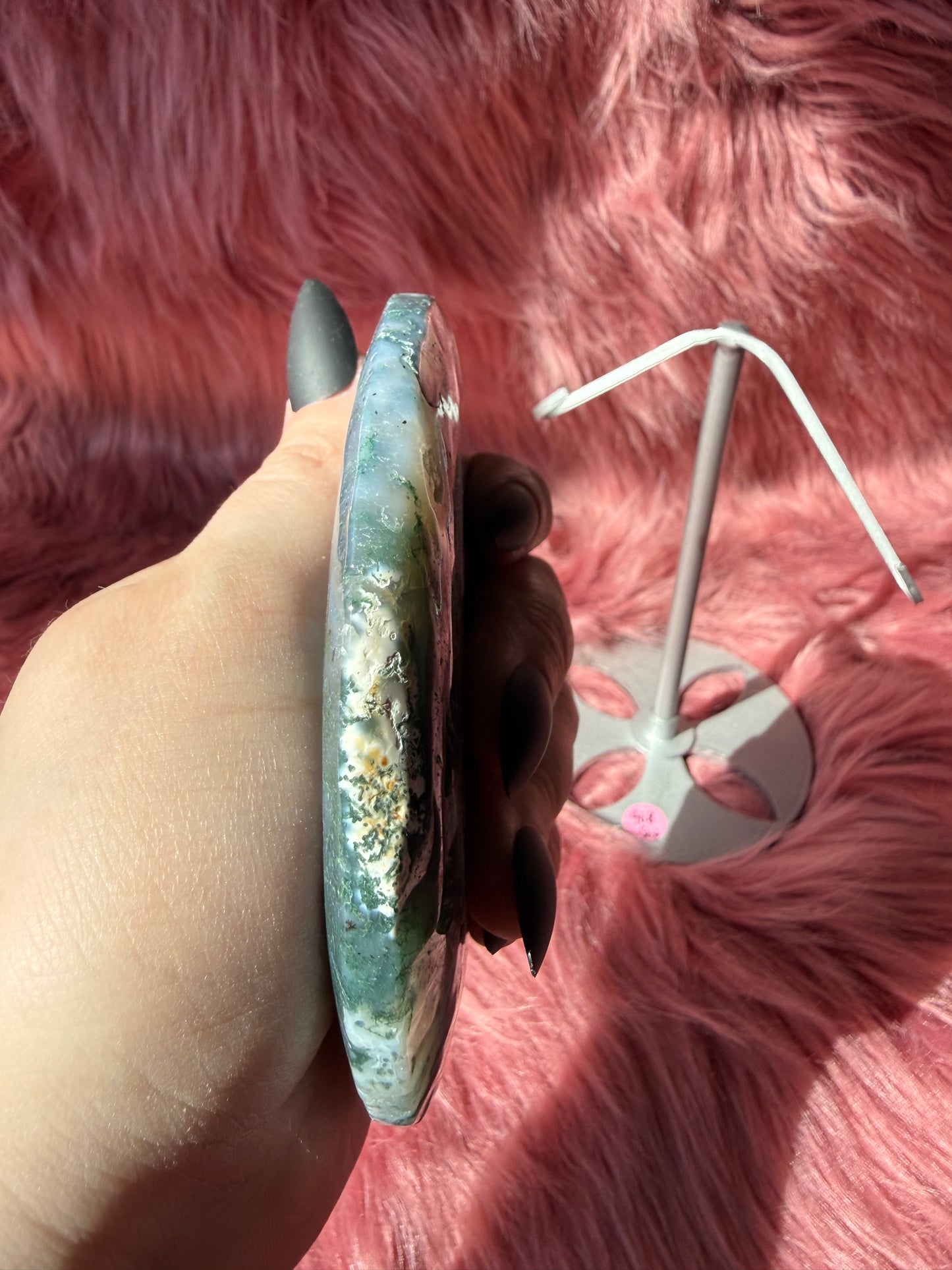 Stunning Blue Green Moss Agate Moon Carving with Stand - B